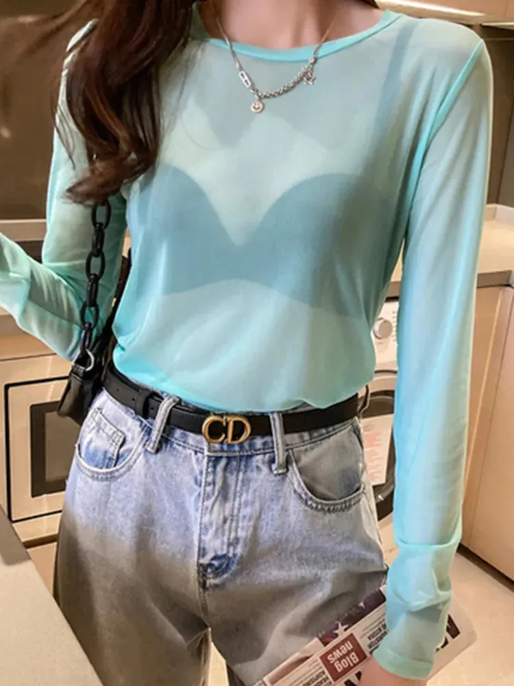 Fashion Mesh Women Vintage See-Through Long Sleeve Tops