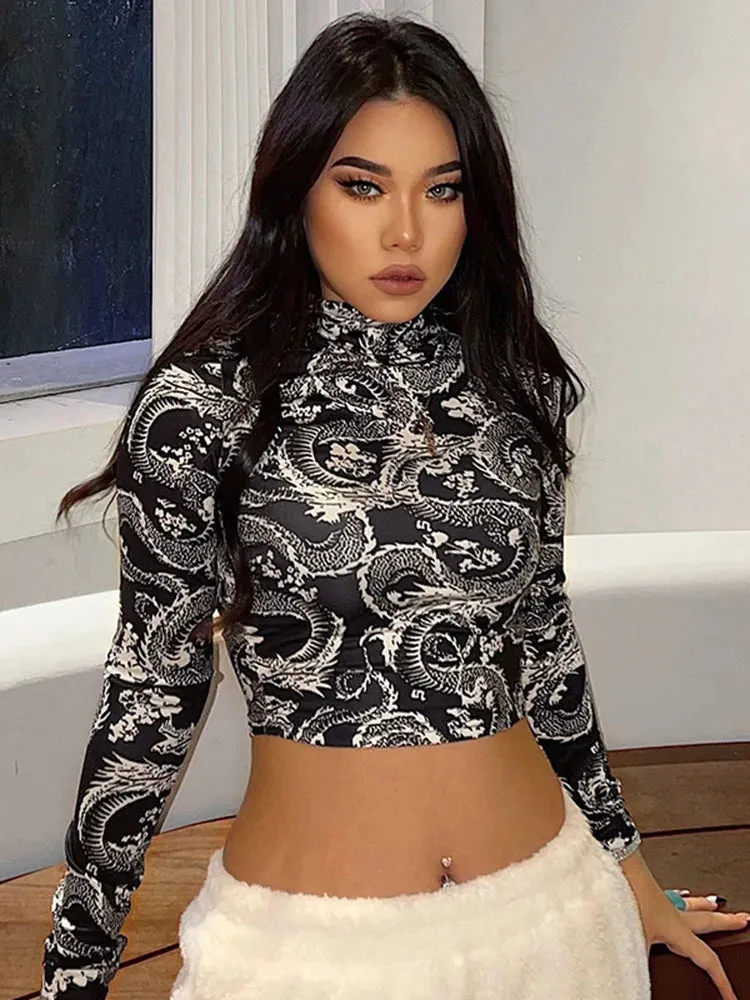 Fashion Trend Dragon Printed Long Sleeve High Collar Crop Top