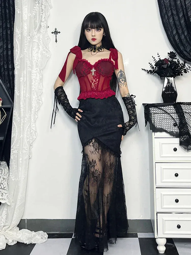 Gothic Floral Lace Mesh Corset V Neck Adjustable Strap Camisole Top