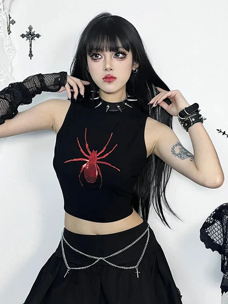 Gothic Print Alt Graphic Punk Crop Sleeveless Spider Top