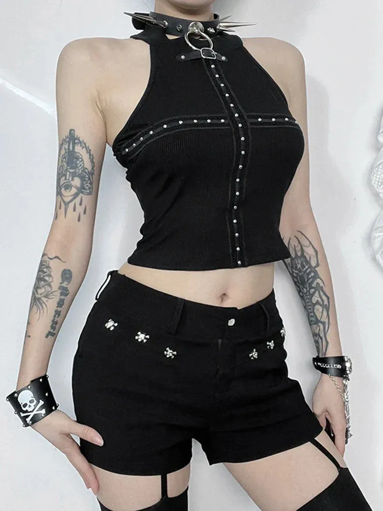 Gothic Punk Summer Knit Black Crop Bodycon Sleeveless Harajuku Sexy Darkness Halter Top