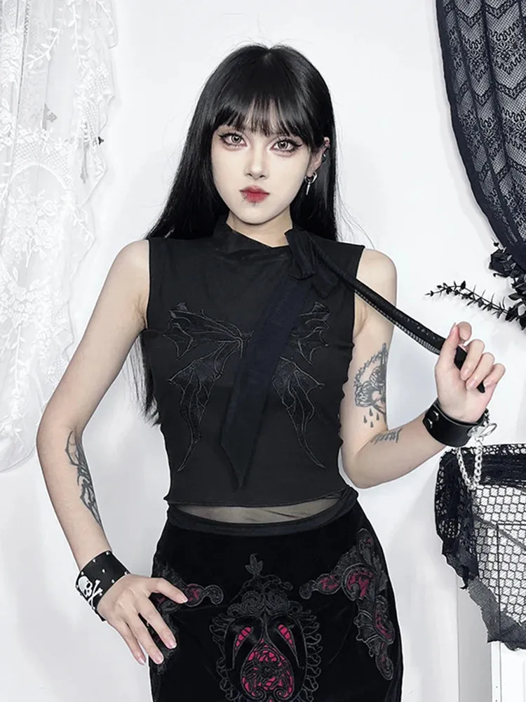 Gothic Y2K Butterfly Printed Lace-up Crop Top