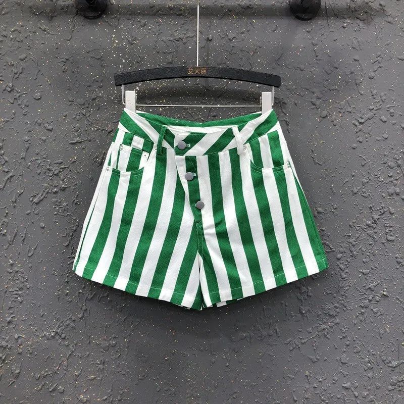 Green Summer short pants women's high waist striped casual denim shorts