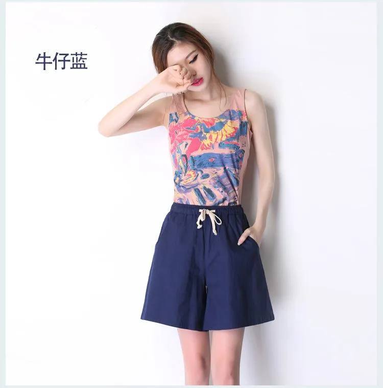 High Waist Cotton Blend Summer Loose Slim-Look Women Casual Pants Korean Elastic Wide Leg Plus Size Shorts