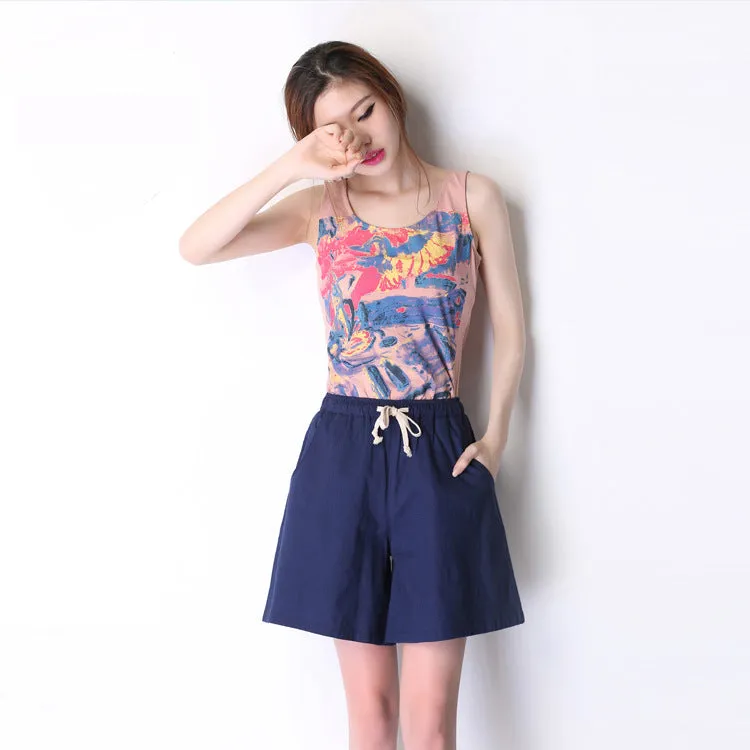 High Waist Cotton Blend Summer Loose Slim-Look Women Casual Pants Korean Elastic Wide Leg Plus Size Shorts