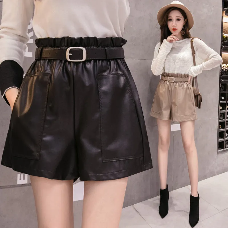 High Waist Shorts with Solid Pockets / PU Leather Wide-legged Shorts