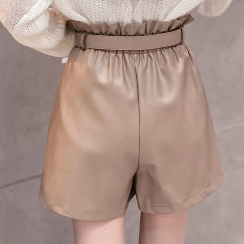 High Waist Shorts with Solid Pockets / PU Leather Wide-legged Shorts