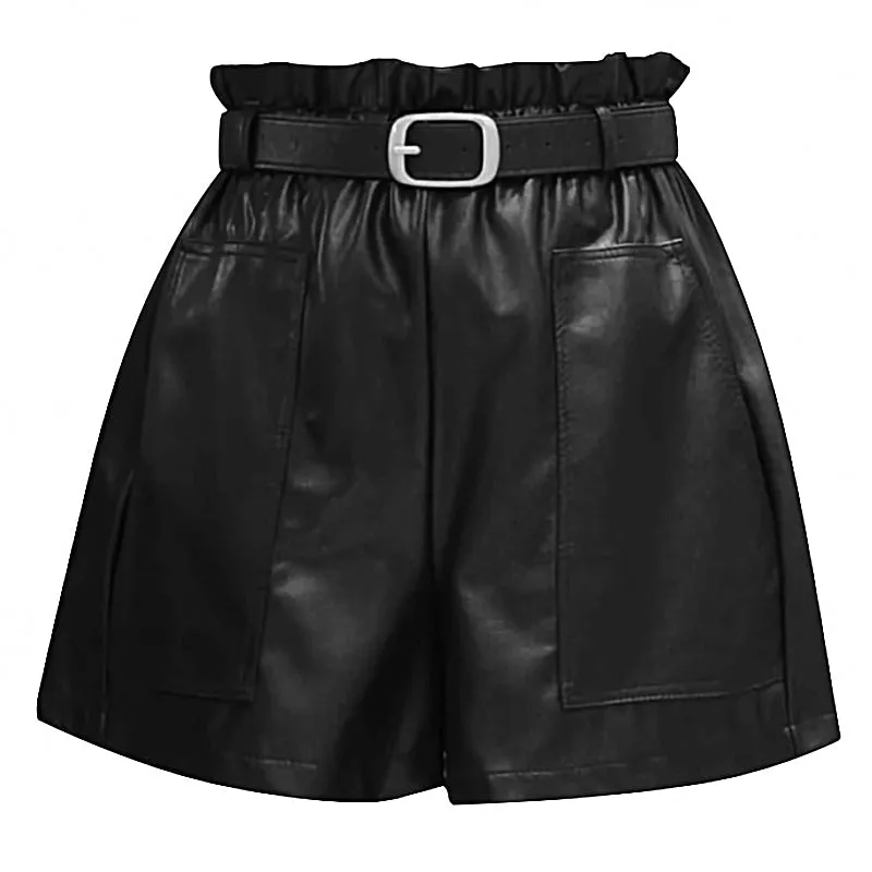 High Waist Shorts with Solid Pockets / PU Leather Wide-legged Shorts