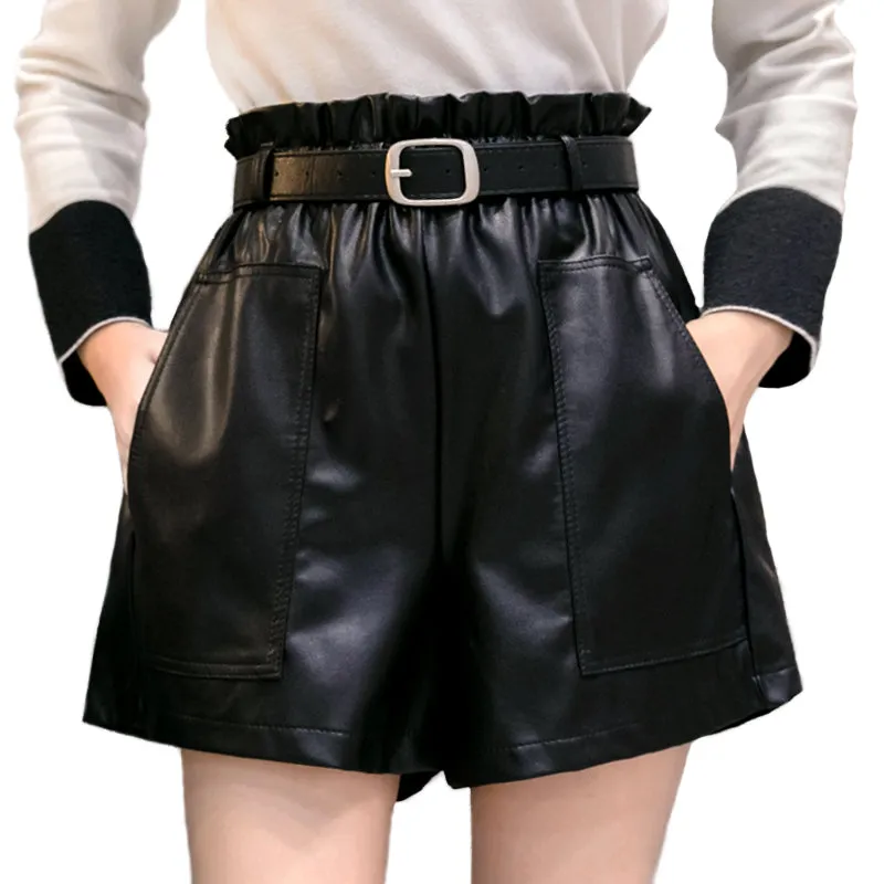 High Waist Shorts with Solid Pockets / PU Leather Wide-legged Shorts