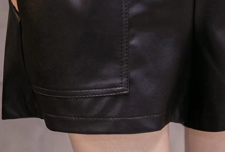 High Waist Shorts with Solid Pockets / PU Leather Wide-legged Shorts