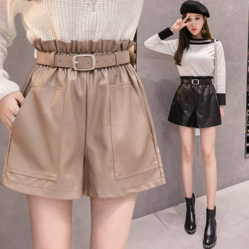 High Waist Shorts with Solid Pockets / PU Leather Wide-legged Shorts