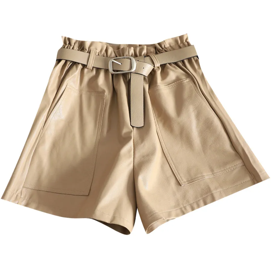 High Waist Shorts with Solid Pockets / PU Leather Wide-legged Shorts