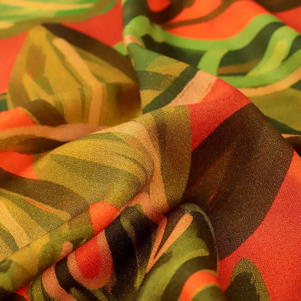 Jungle Leaf Viscose Crepe Deadstock in Orange and Green 75cm Remnant