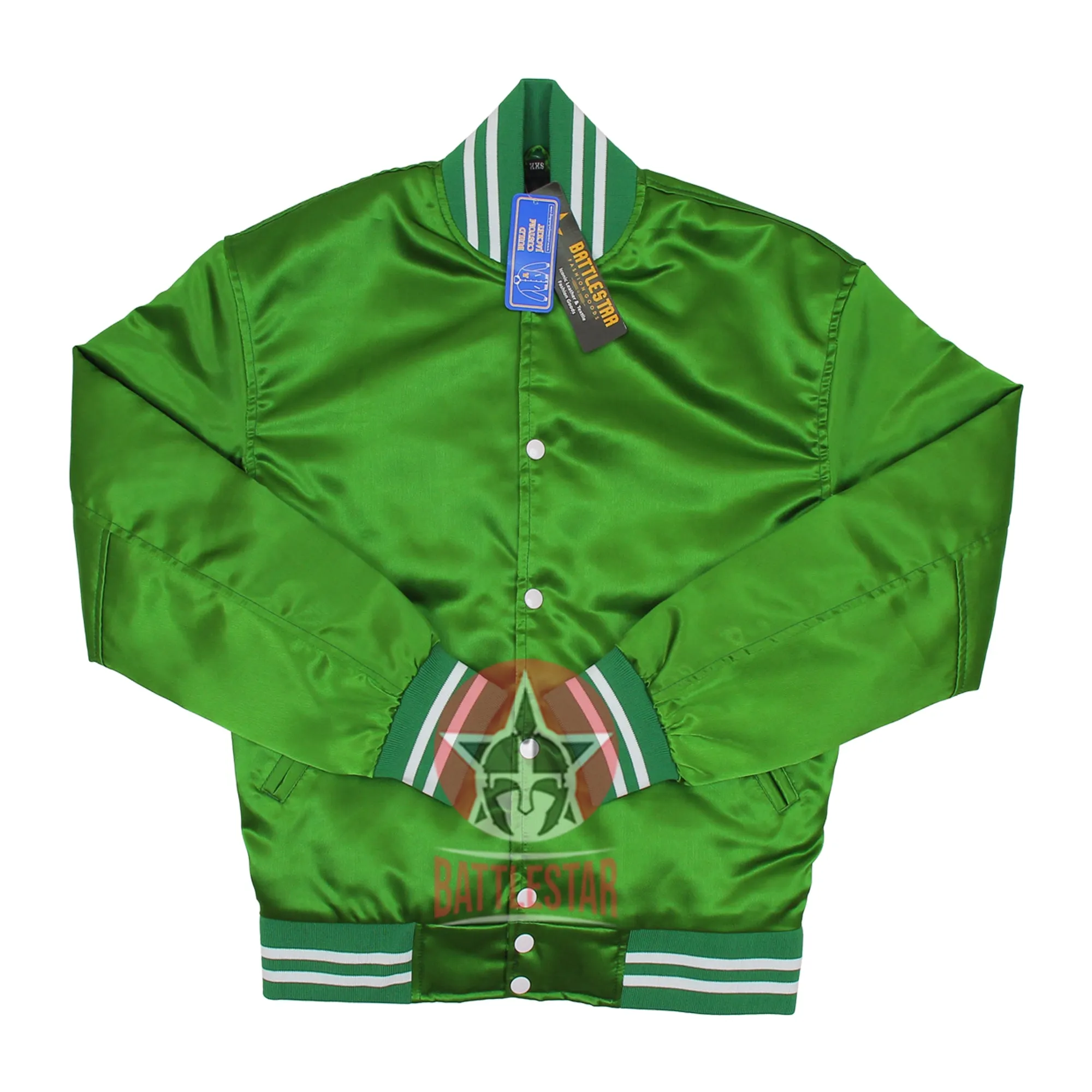 Kelly Green Satin Varsity Jacket Green & White Rib