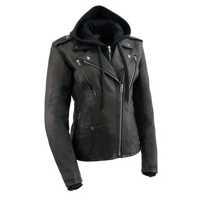 Ladies Black Vented MC Jacket with Removable Hoodie