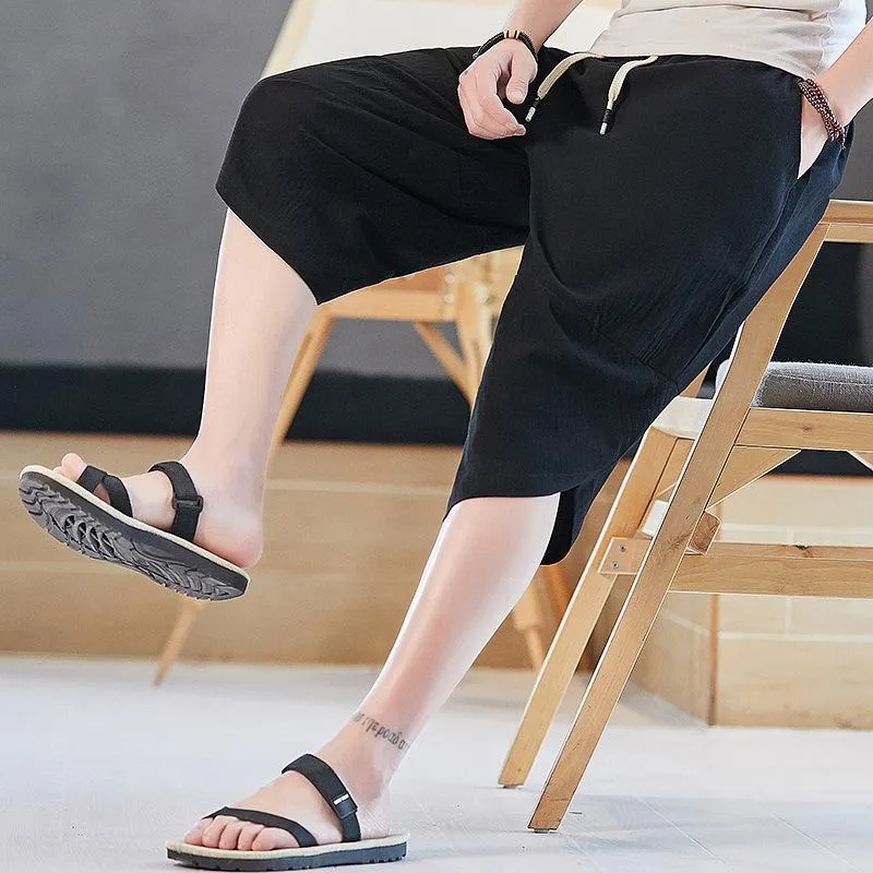 Linen Shorts Men Summer Thin Cropped Pants Oriental Cotton Blend Wide-legged Loose Plus Size Shorts