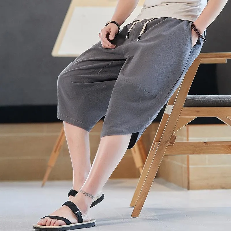 Linen Shorts Men Summer Thin Cropped Pants Oriental Cotton Blend Wide-legged Loose Plus Size Shorts