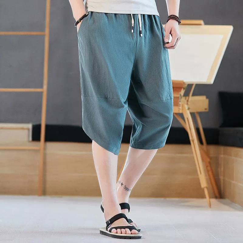 Linen Shorts Men Summer Thin Cropped Pants Oriental Cotton Blend Wide-legged Loose Plus Size Shorts