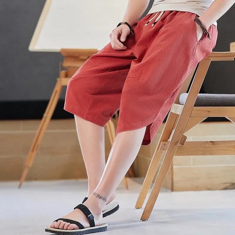 Linen Shorts Men Summer Thin Cropped Pants Oriental Cotton Blend Wide-legged Loose Plus Size Shorts