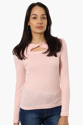 Magazine Ribbed Front Twist Long Sleeve Top - Pink