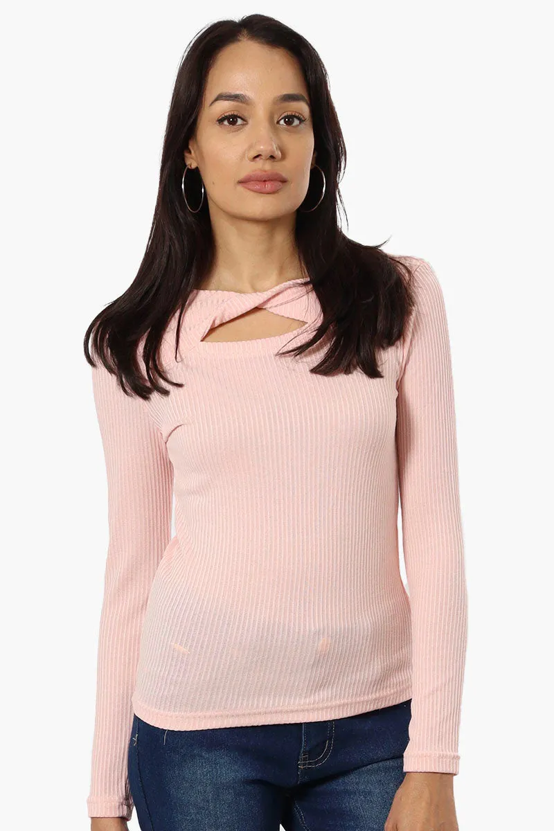 Magazine Ribbed Front Twist Long Sleeve Top - Pink