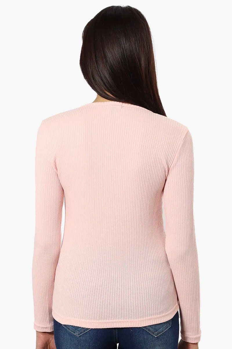 Magazine Ribbed Front Twist Long Sleeve Top - Pink