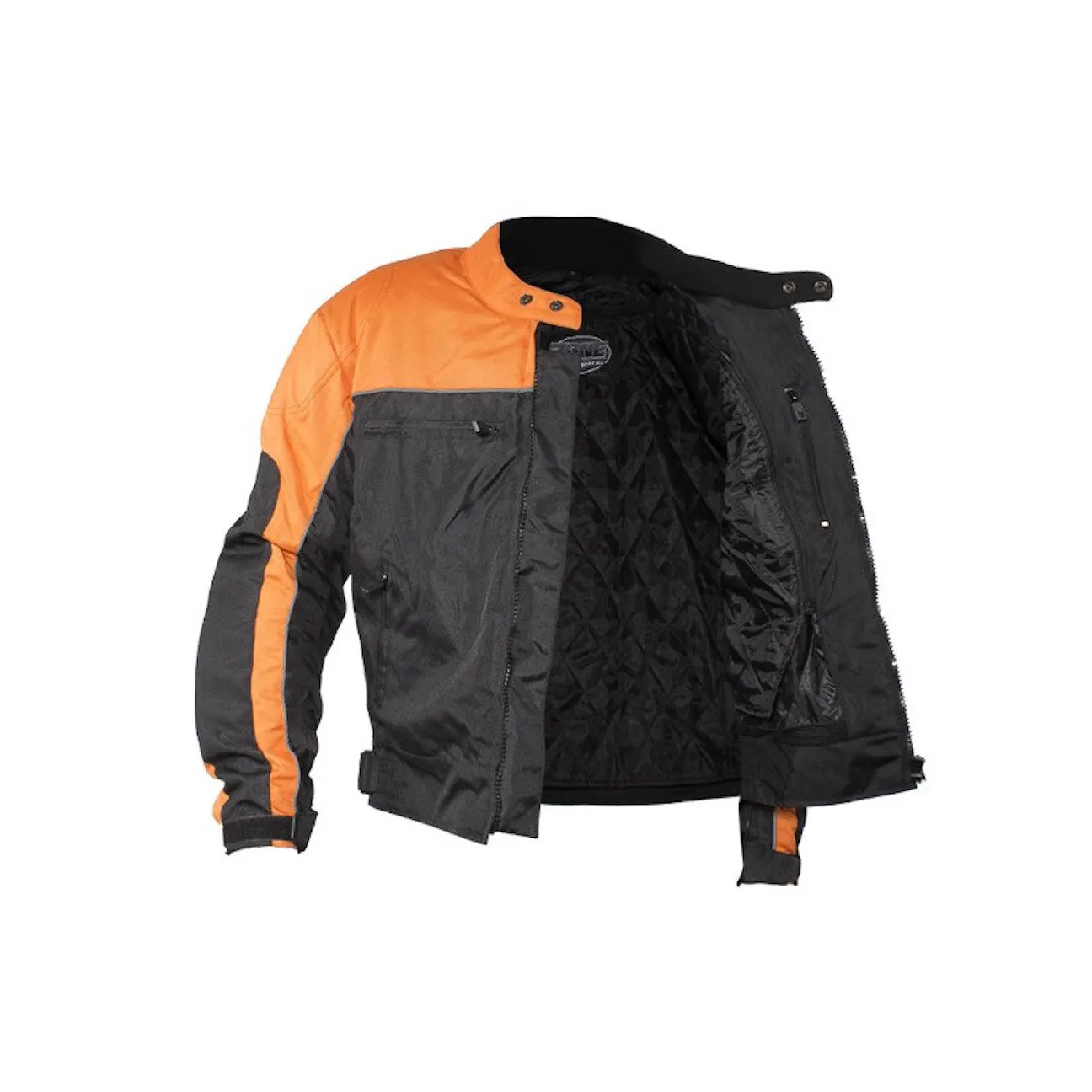 Mens Orange and Black Nylon Armored Motorcycle Jacket with Night Reflectors