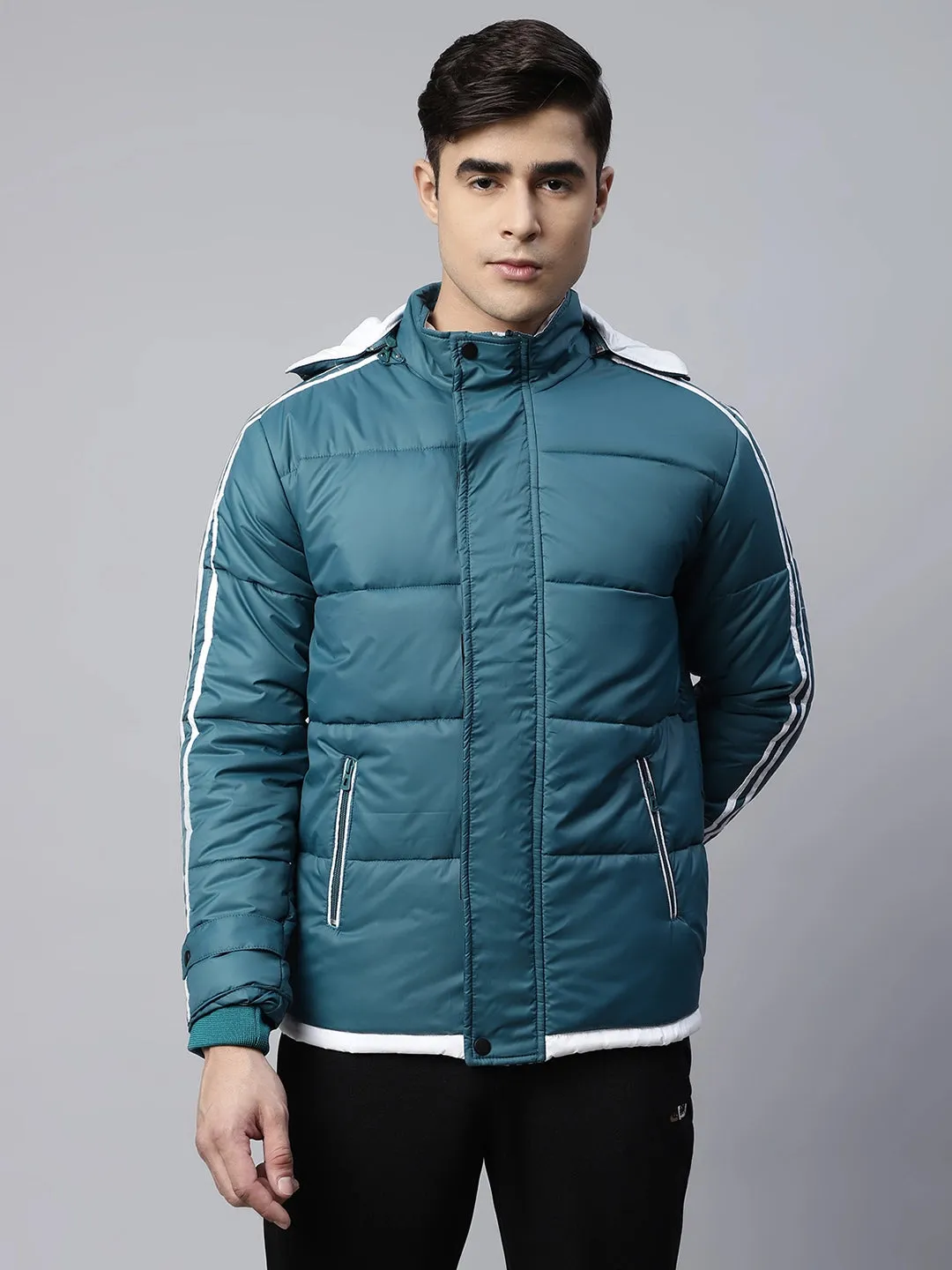 Mens Turquoise Detachable Hood Puffer Jacket