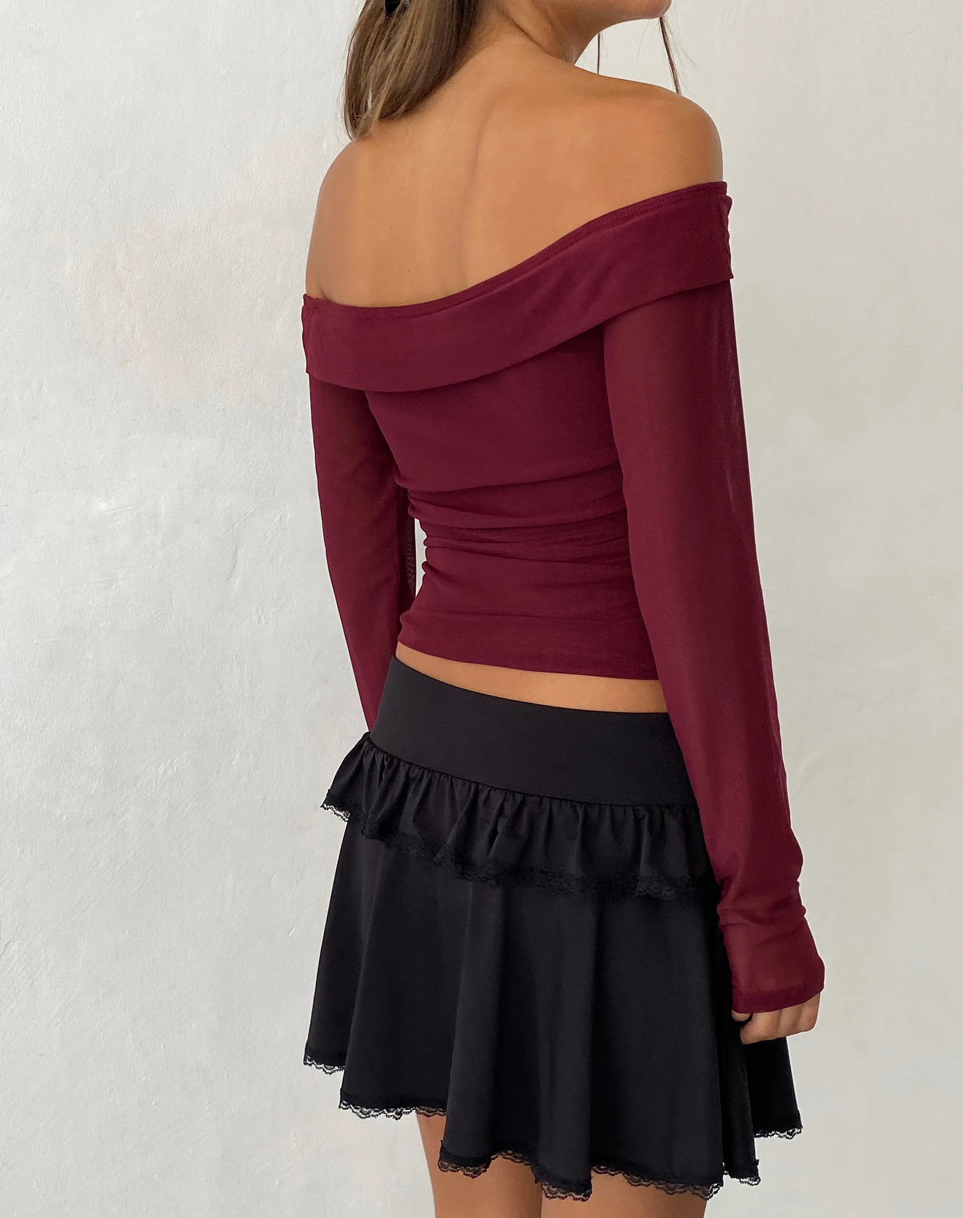 Nauri Mesh Bardot Top in Maroon