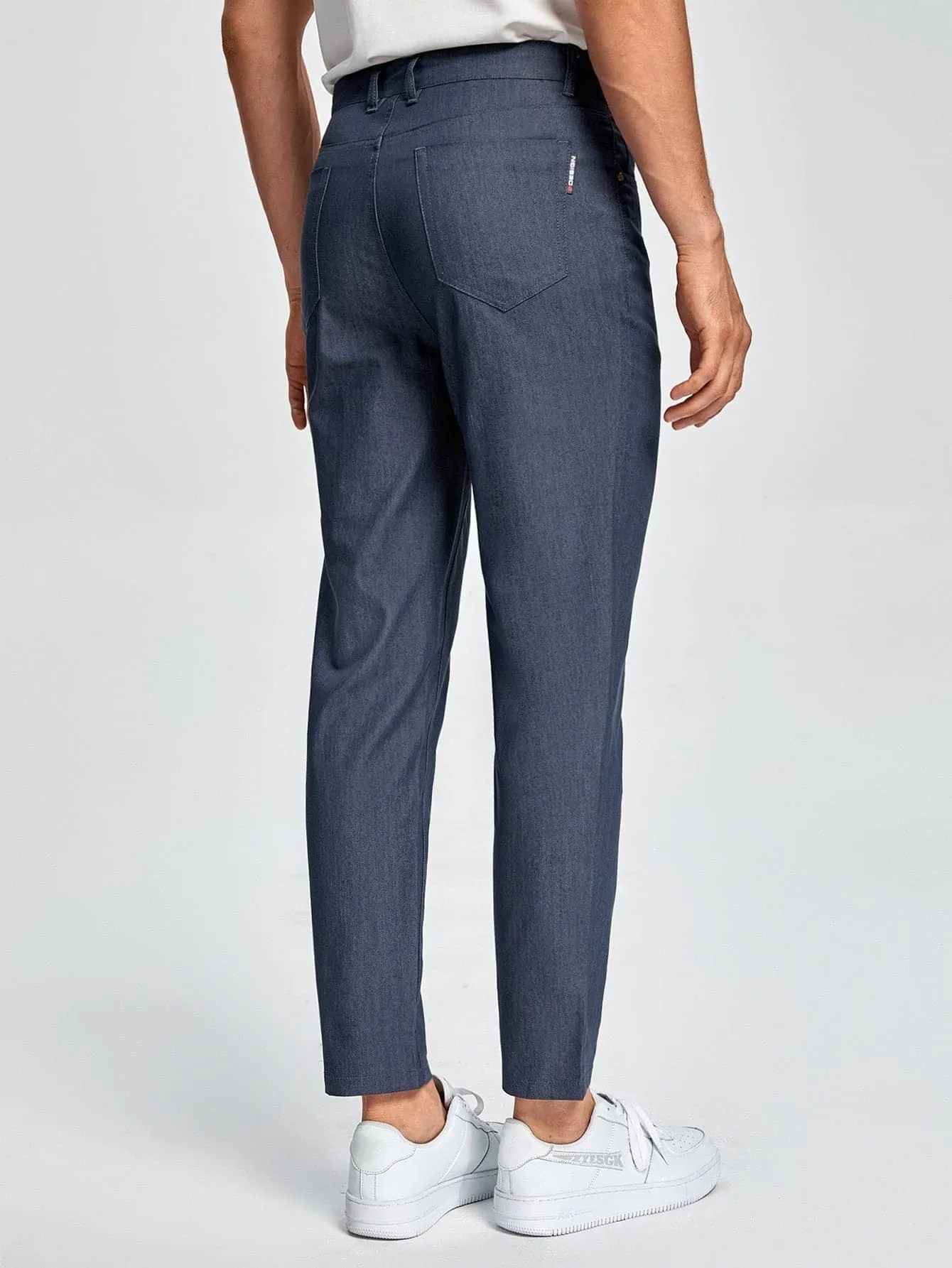 Navy Blue Button Front Solid Tailored Trousers