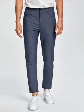 Navy Blue Button Front Solid Tailored Trousers