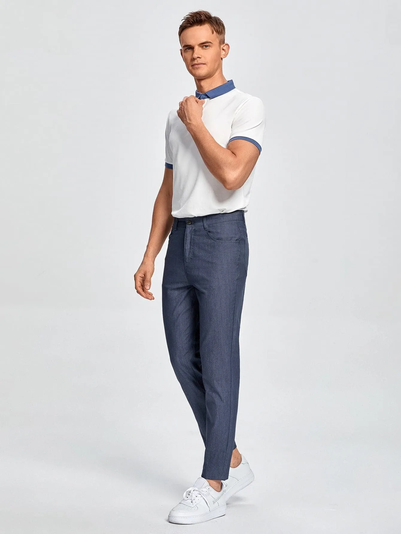 Navy Blue Button Front Solid Tailored Trousers