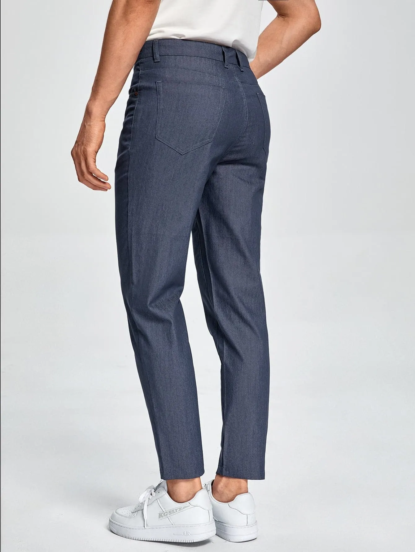 Navy Blue Button Front Solid Tailored Trousers