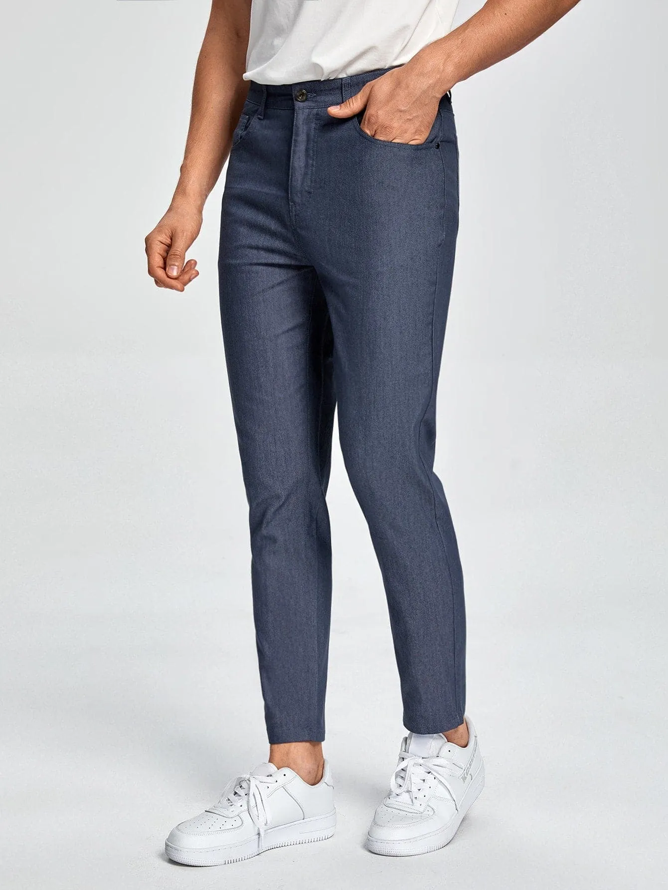 Navy Blue Button Front Solid Tailored Trousers