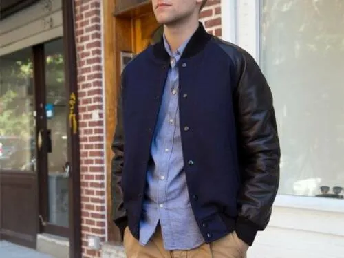 Navy Blue Raglan Sleeves Wool Leather Varsity Jacket