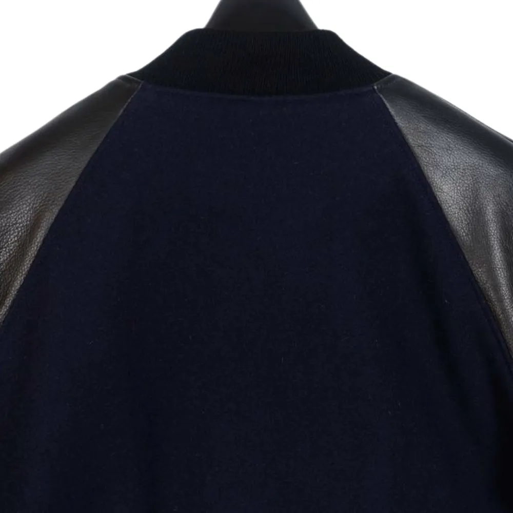 Navy Blue Raglan Sleeves Wool Leather Varsity Jacket