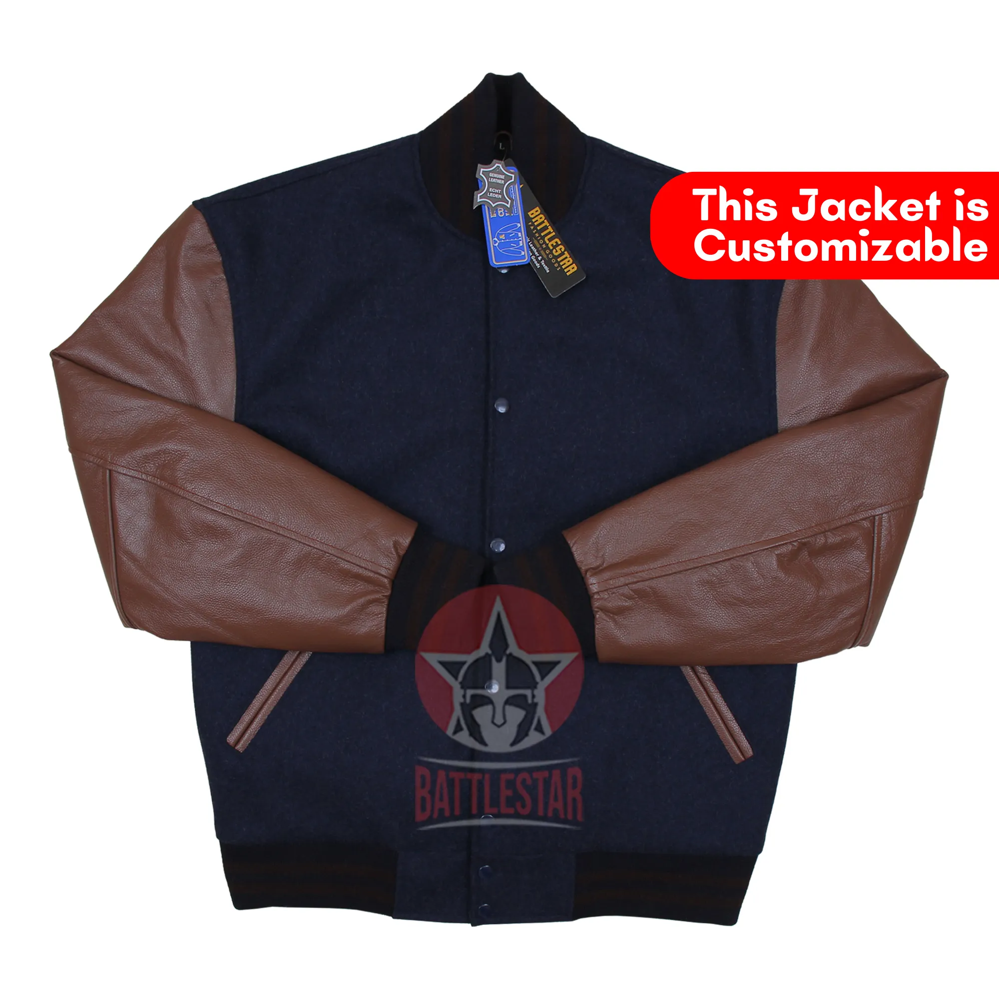 Navy Blue Wool Varsity Jacket Brown Pure Leather Sleeves