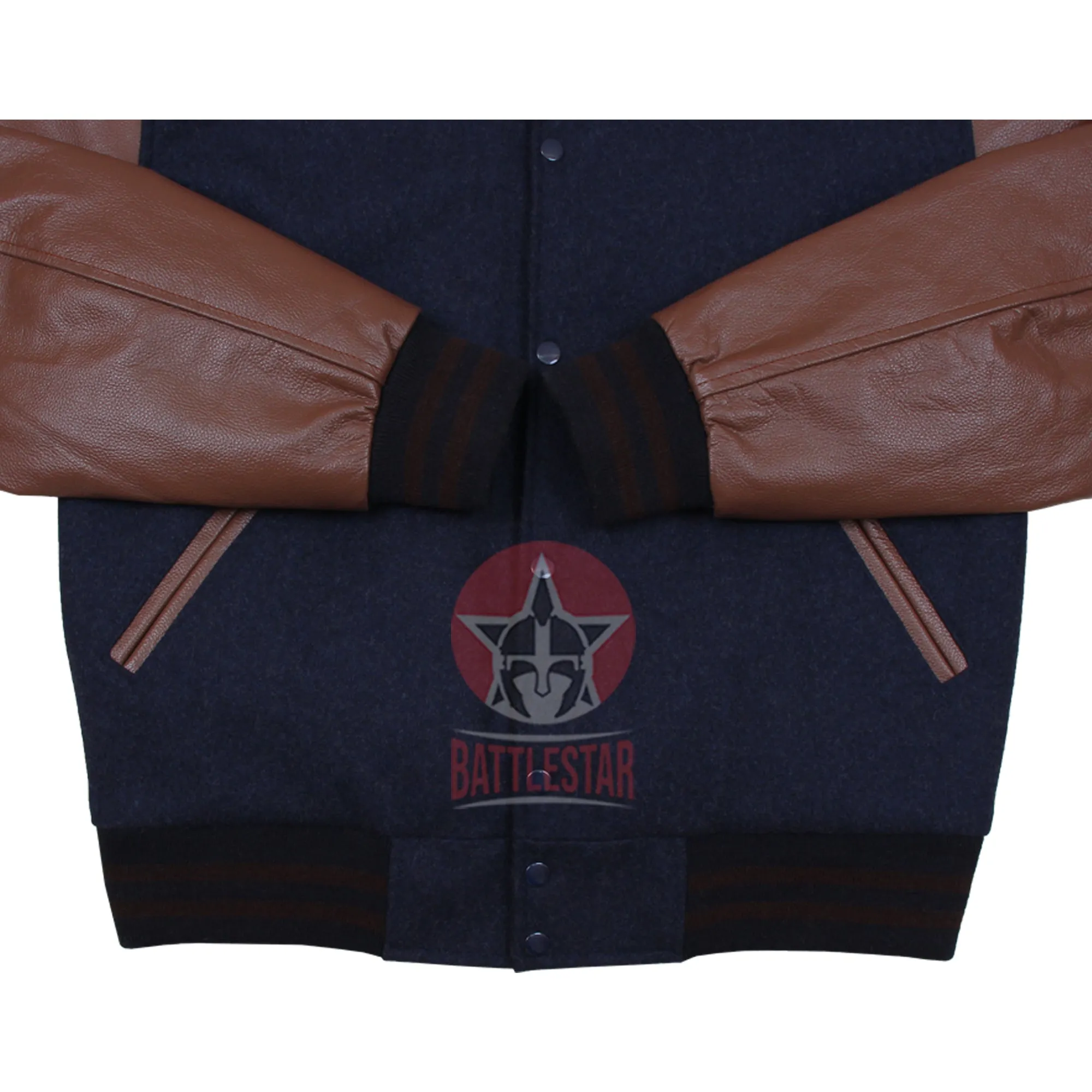 Navy Blue Wool Varsity Jacket Brown Pure Leather Sleeves