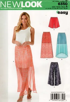 New Look 6350 Womens EASY Skirt with Overlay Wide Leg Pants & Shorts Out Of Print Sewing Pattern Size 6 - 18 UNCUT Factory Folded