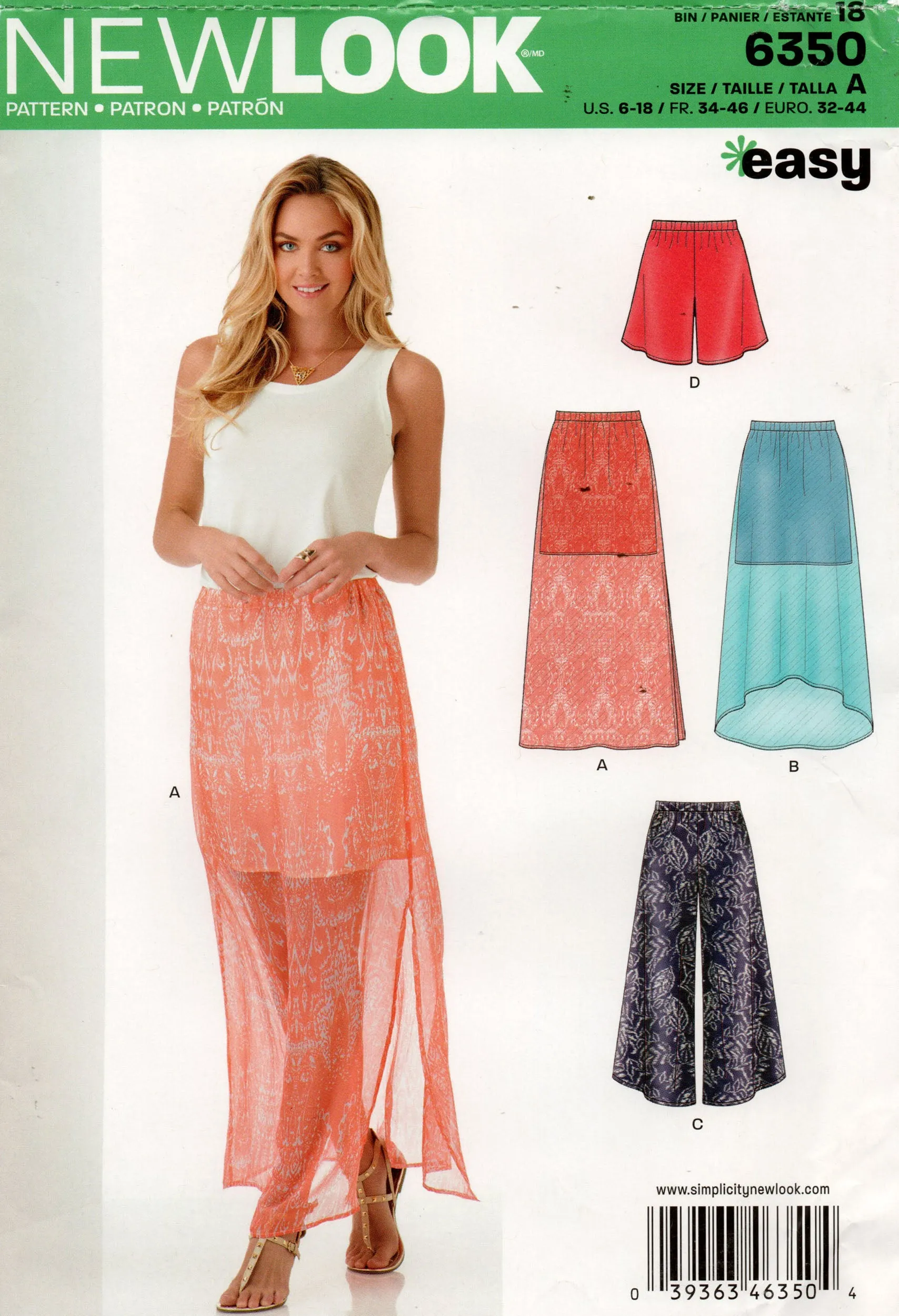 New Look 6350 Womens EASY Skirt with Overlay Wide Leg Pants & Shorts Out Of Print Sewing Pattern Size 6 - 18 UNCUT Factory Folded