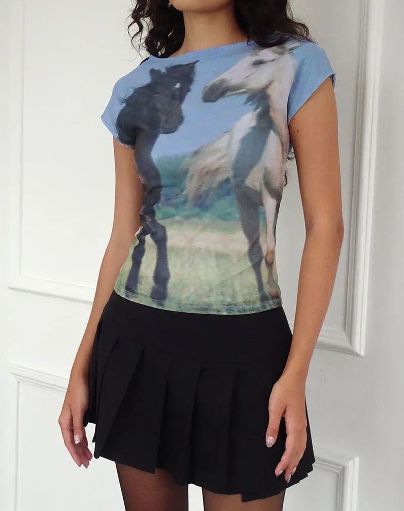 Nova Top in Blue Mesh Horses Print