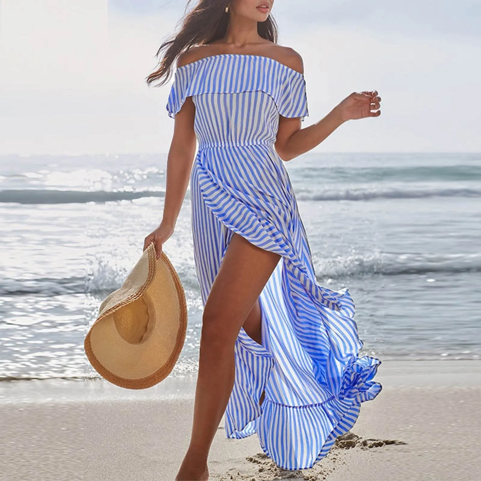 Off The Shoudler Striped Irregular Long Dresses