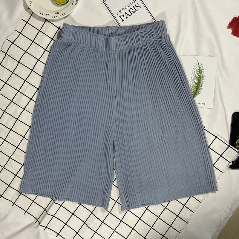 Popular Fold Shorts Pleated All-Matching Slim-Look Women Wide Leg Bermuda Shorts