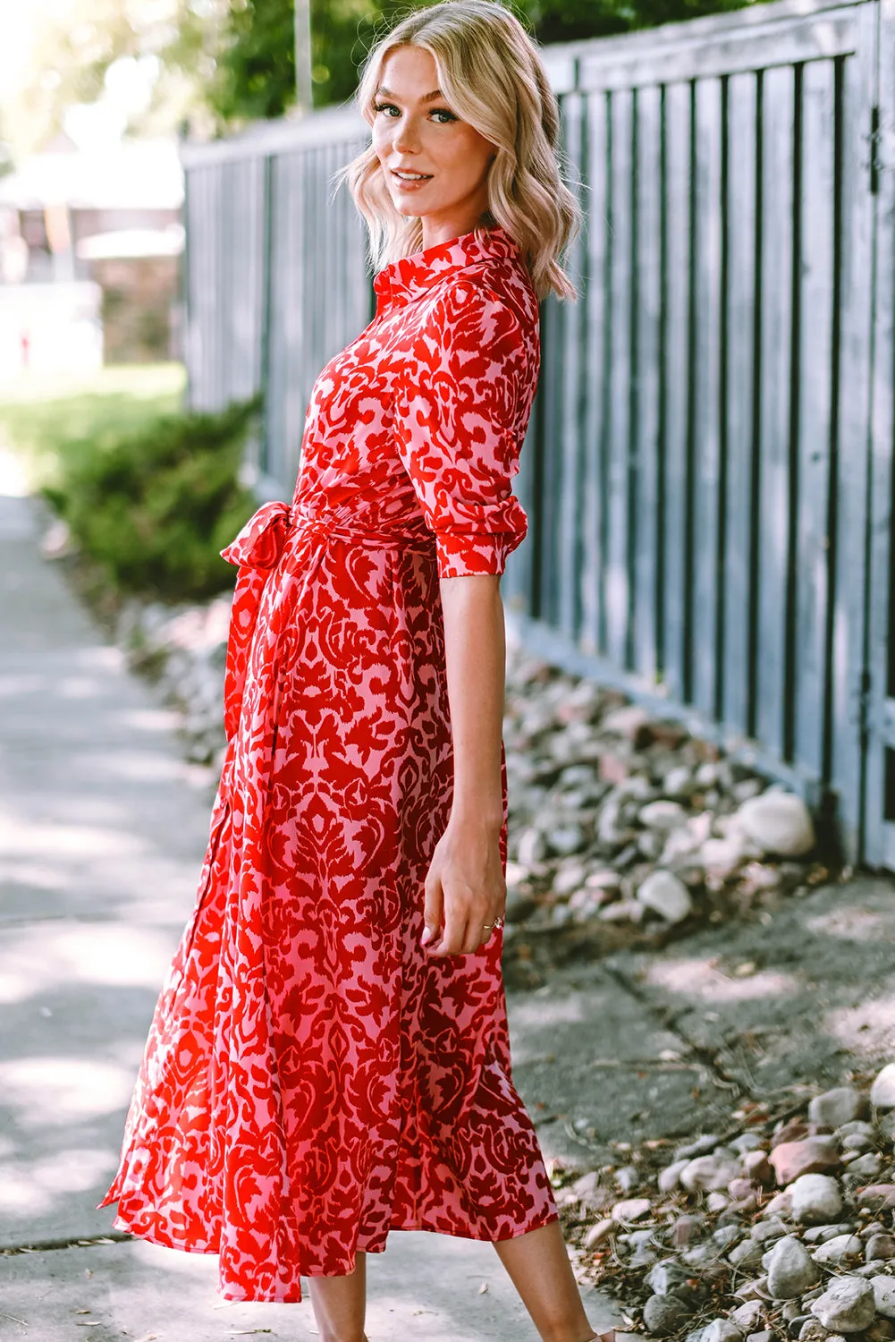 Red Printed 3/4 Sleeve V Neck Shirt Long Dress with Belt