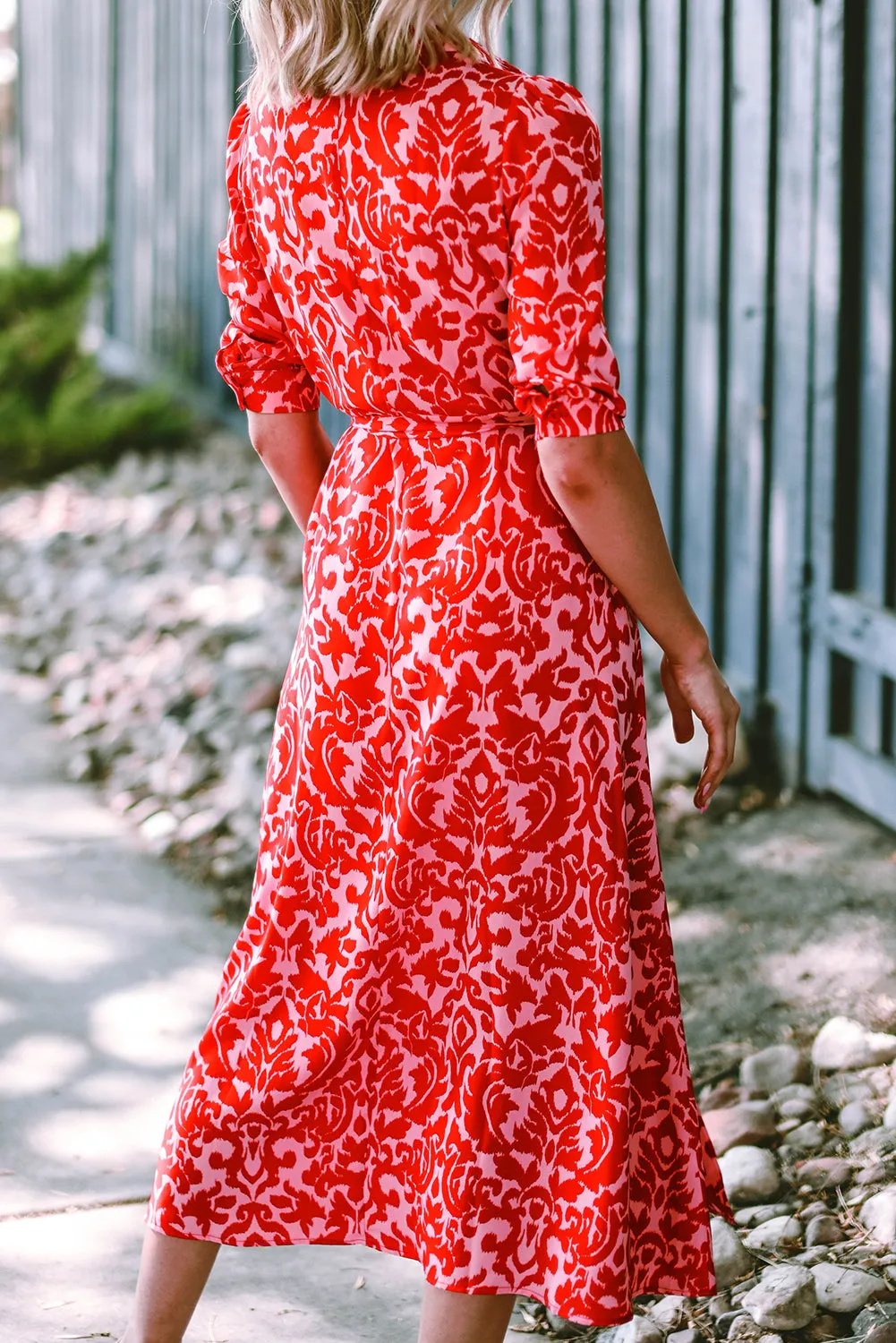 Red Printed 3/4 Sleeve V Neck Shirt Long Dress with Belt