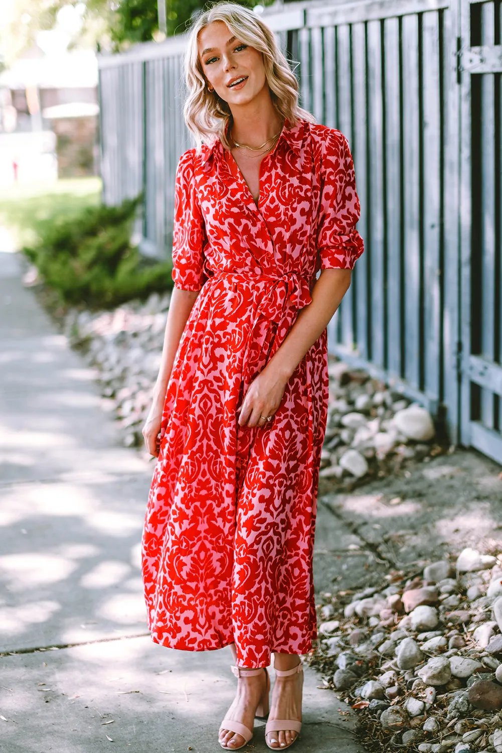 Red Printed 3/4 Sleeve V Neck Shirt Long Dress with Belt