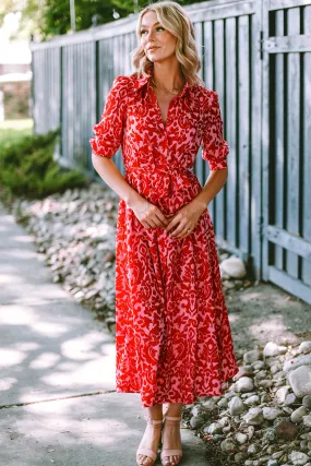 Red Printed 3/4 Sleeve V Neck Shirt Long Dress with Belt