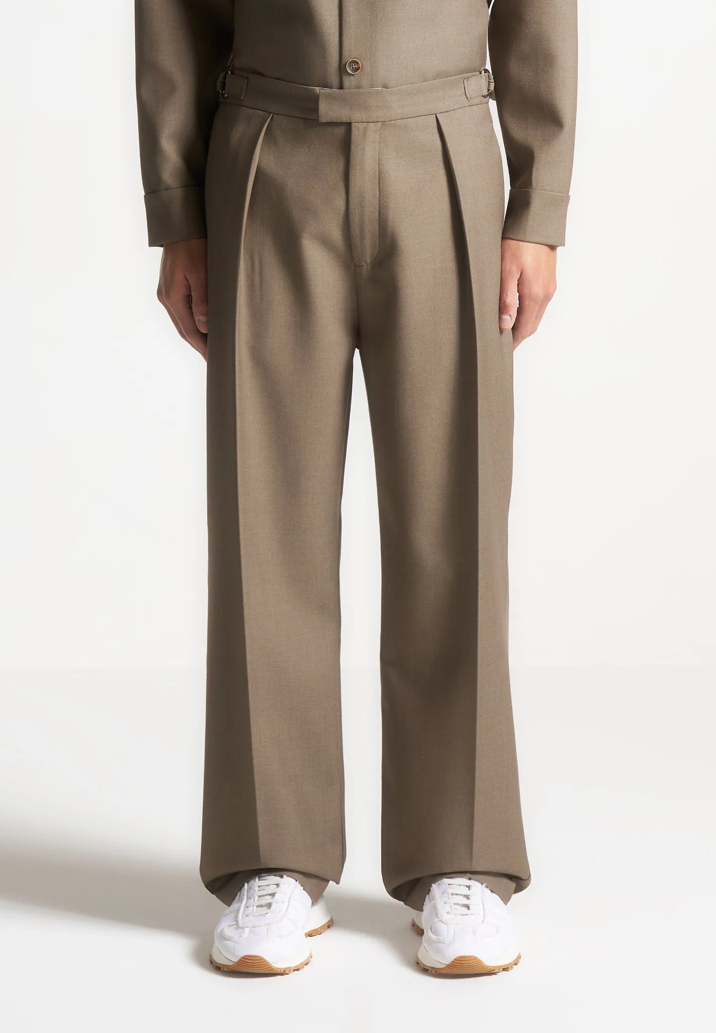 Relaxed Fit Hatched Pleated Tailored Trousers - Khaki