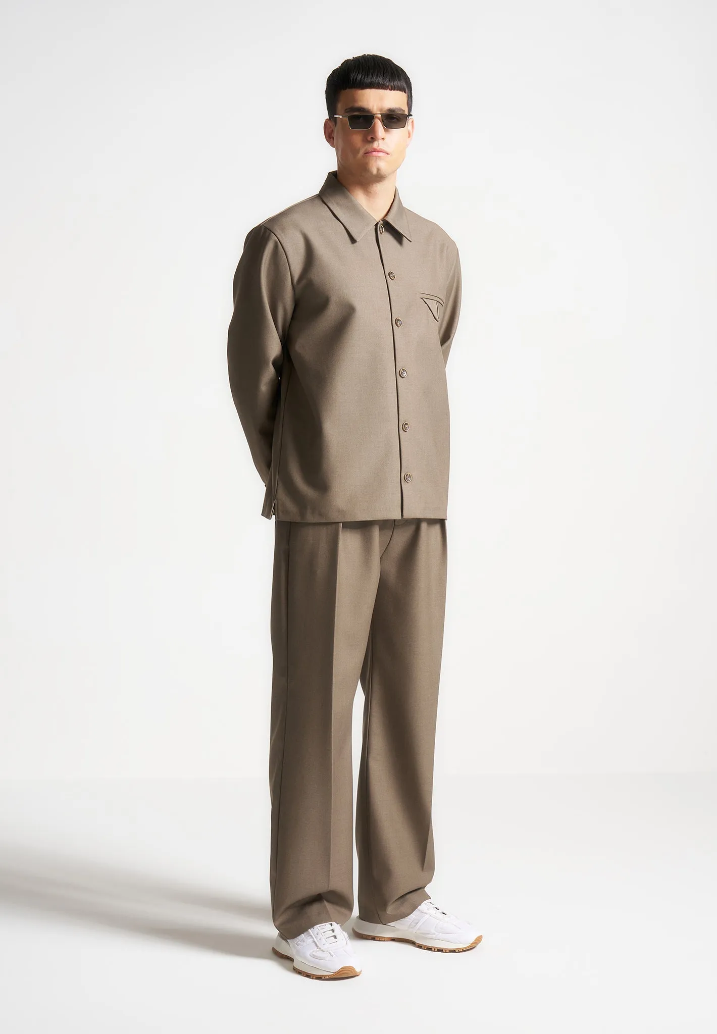 Relaxed Fit Hatched Pleated Tailored Trousers - Khaki