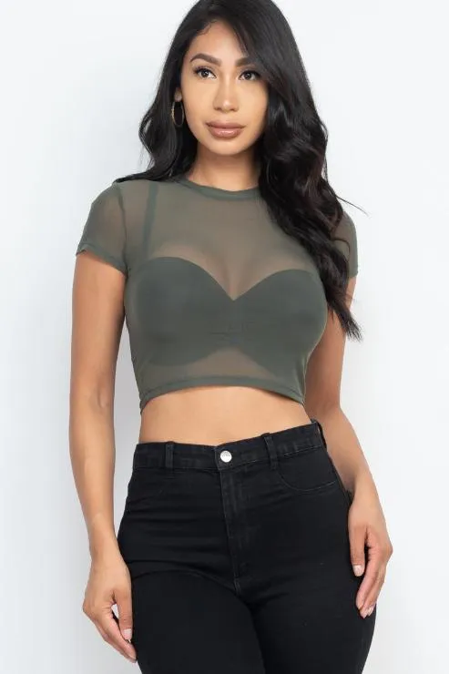 Sexy Mesh Sheer Short Sleeve Crop Top